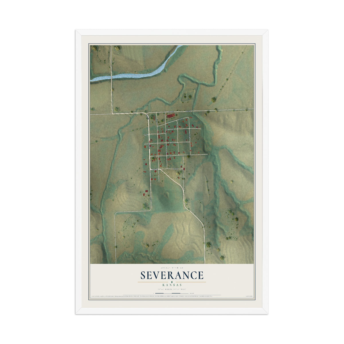 Map of Severance, Kansas, 12 x 18 inch print in a white wood frame