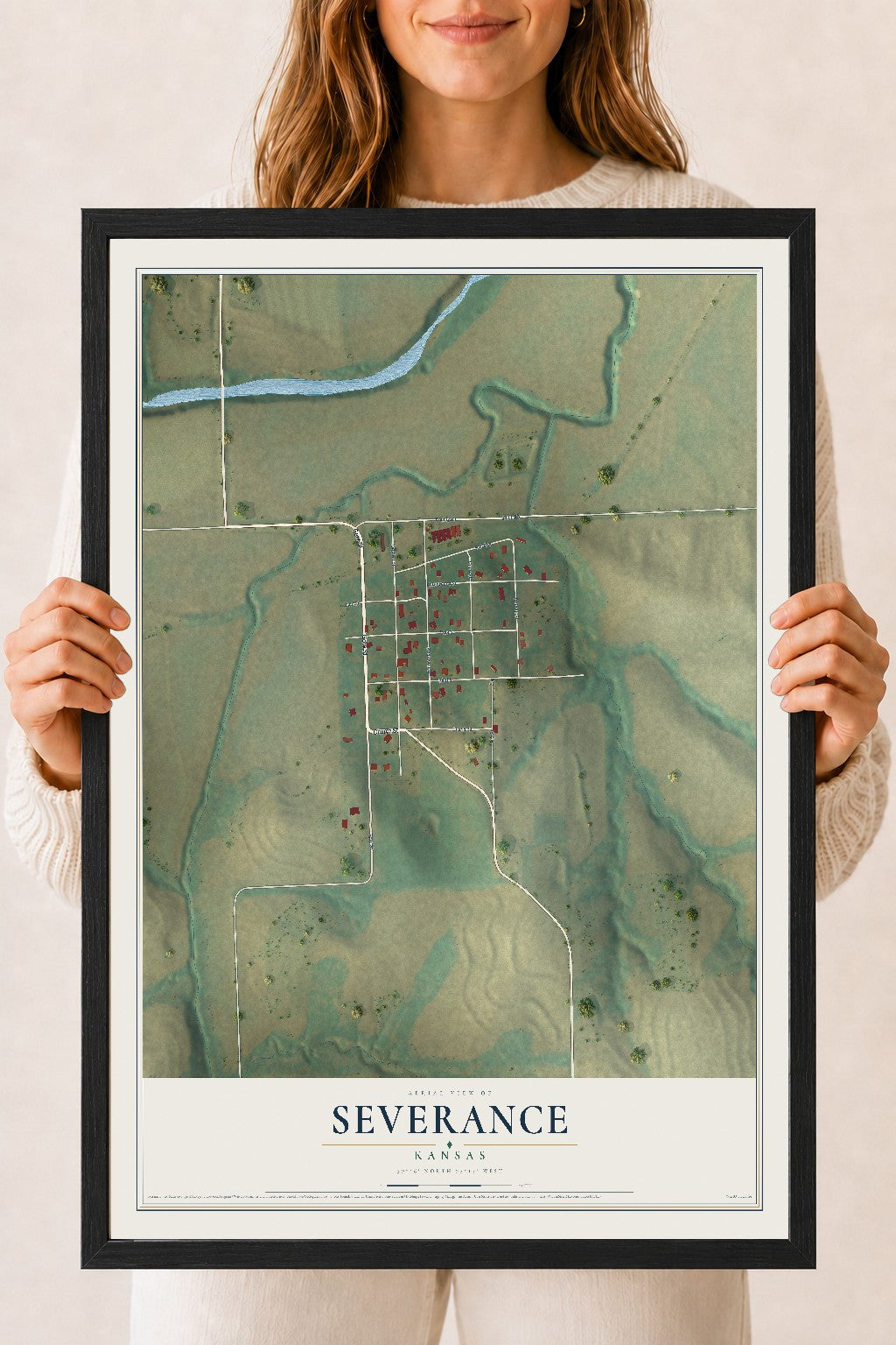 Map of Severance, Kansas, 18 x 24 inch print in a black wood frame