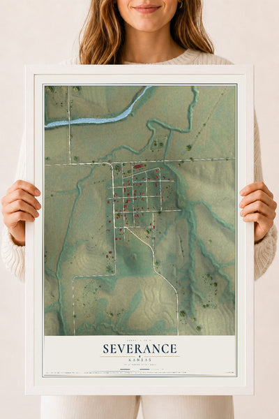 Map of Severance, Kansas, 18 x 24 inch print in a white wood frame