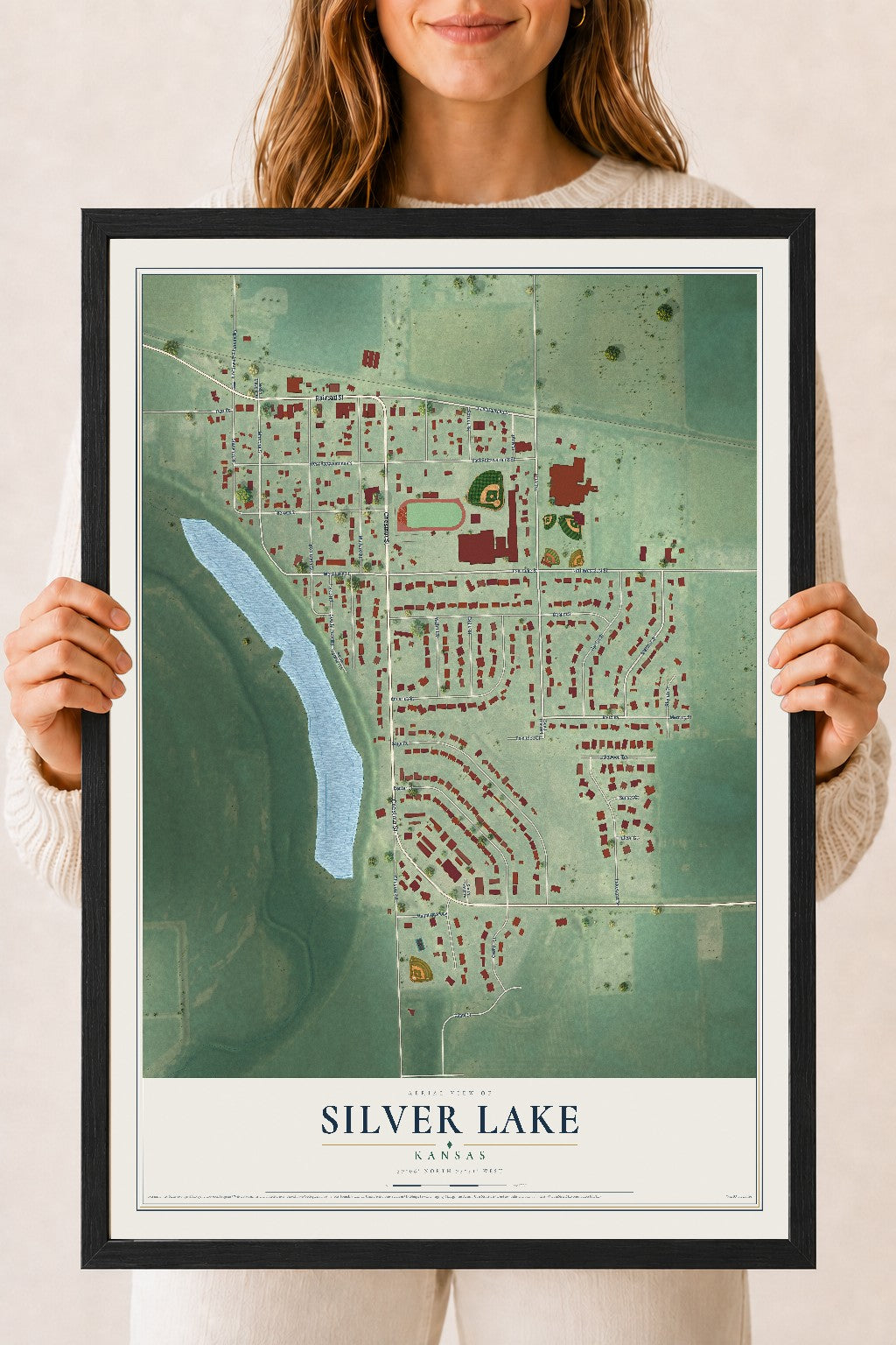 Map of Silver Lake, Kansas, 18 x 24 inch print in a black wood frame