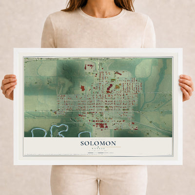 Map of Solomon, Kansas, 12 x 18 inch print in a white wood frame