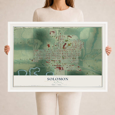 Map of Solomon, Kansas, 24 x 36 inch print in a white wood frame