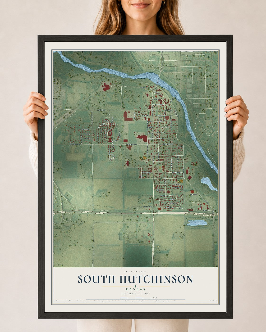 Map of South Hutchinson, Kansas, 24 x 36 inch print in a black wood frame
