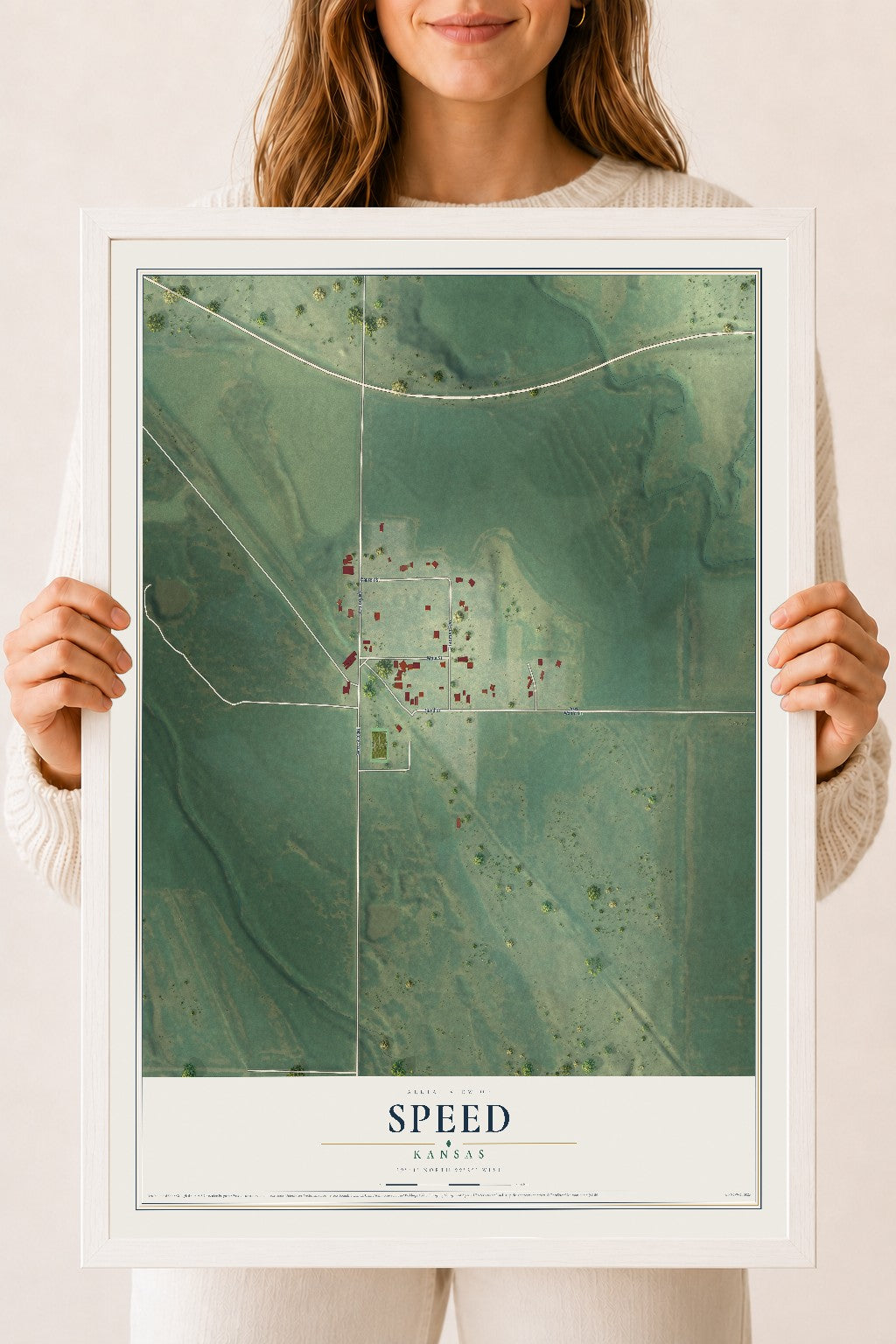 Map of Speed, Kansas, 18 x 24 inch print in a white wood frame