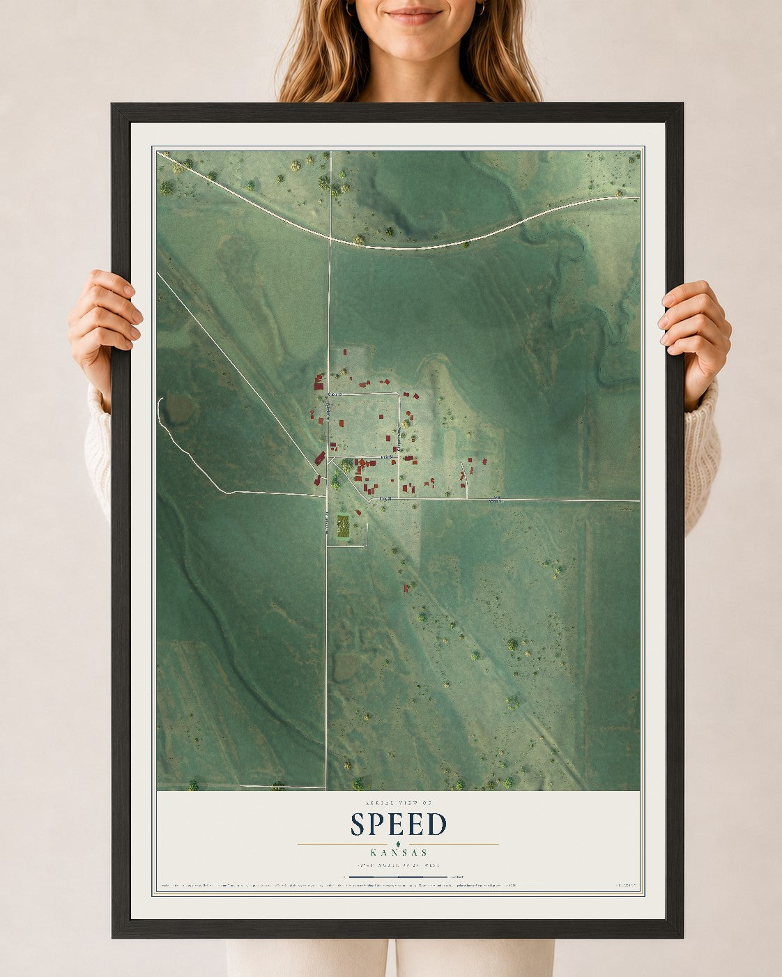 Map of Speed, Kansas, 24 x 36 inch print in a black wood frame