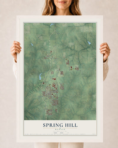 Map of Spring Hill, Kansas, 24 x 36 inch print in a white wood frame