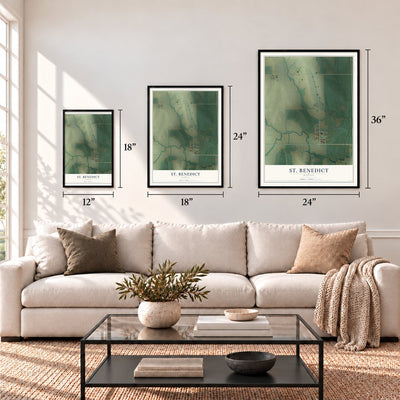 St. Benedict, Kansas map in 12 x 18, 18 x 24 and 24 x 36 inch sizes above a sofa