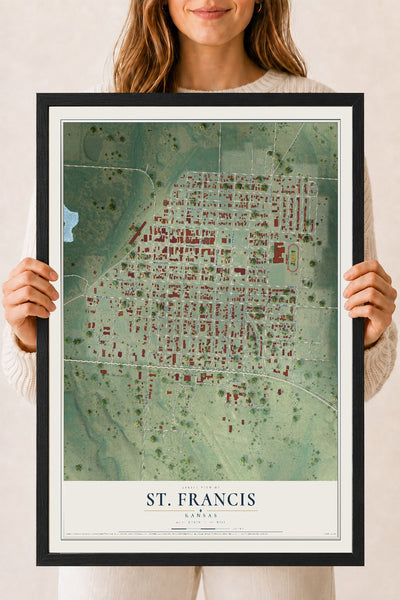 Map of St. Francis, Kansas, 18 x 24 inch print in a black wood frame