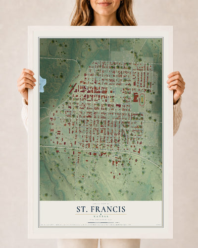 Map of St. Francis, Kansas, 24 x 36 inch print in a white wood frame