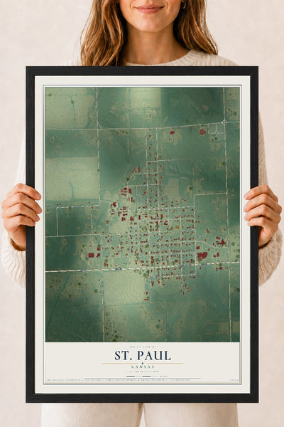 Map of St. Paul, Kansas, 18 x 24 inch print in a black wood frame