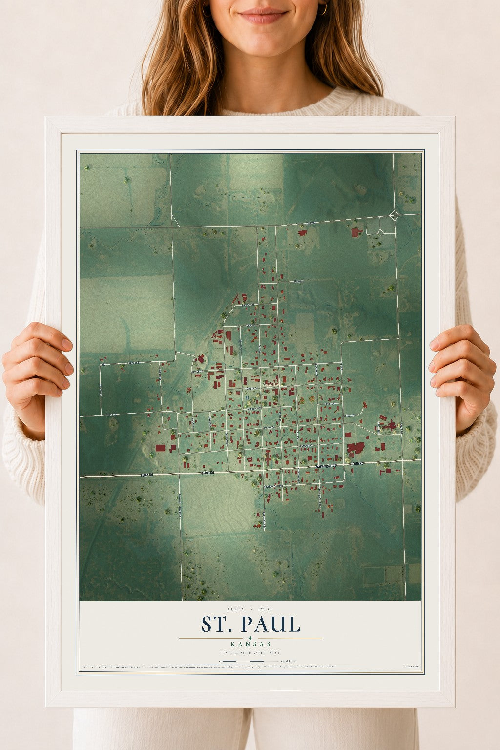 Map of St. Paul, Kansas, 18 x 24 inch print in a white wood frame