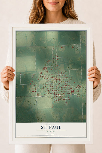 Map of St. Paul, Kansas, 18 x 24 inch print in a white wood frame