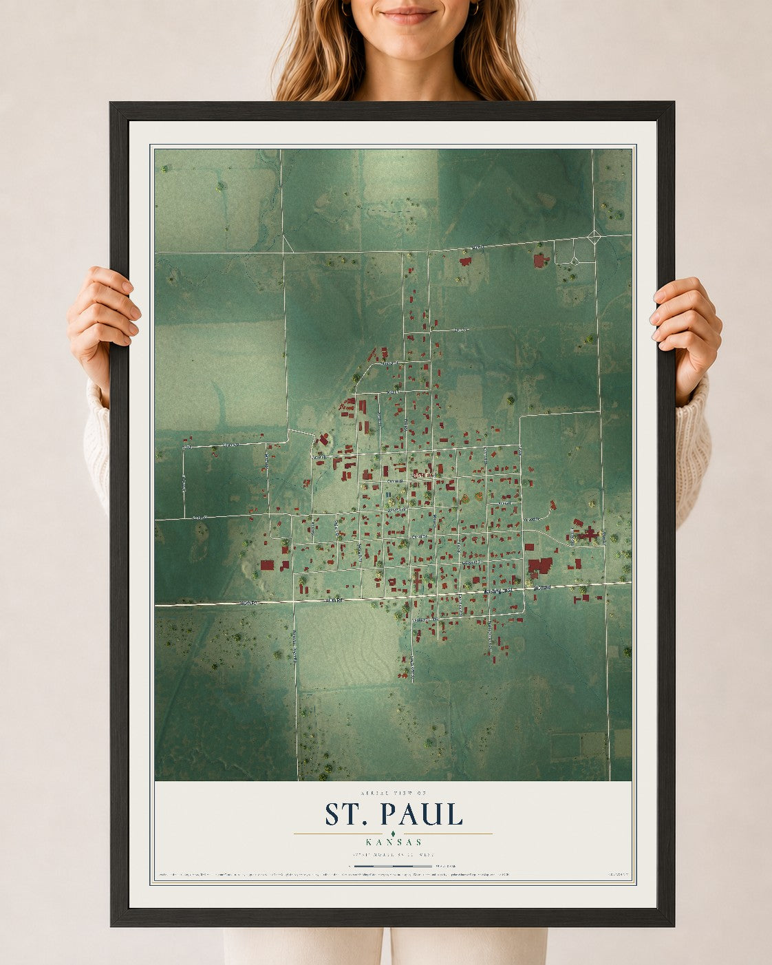 Map of St. Paul, Kansas, 24 x 36 inch print in a black wood frame