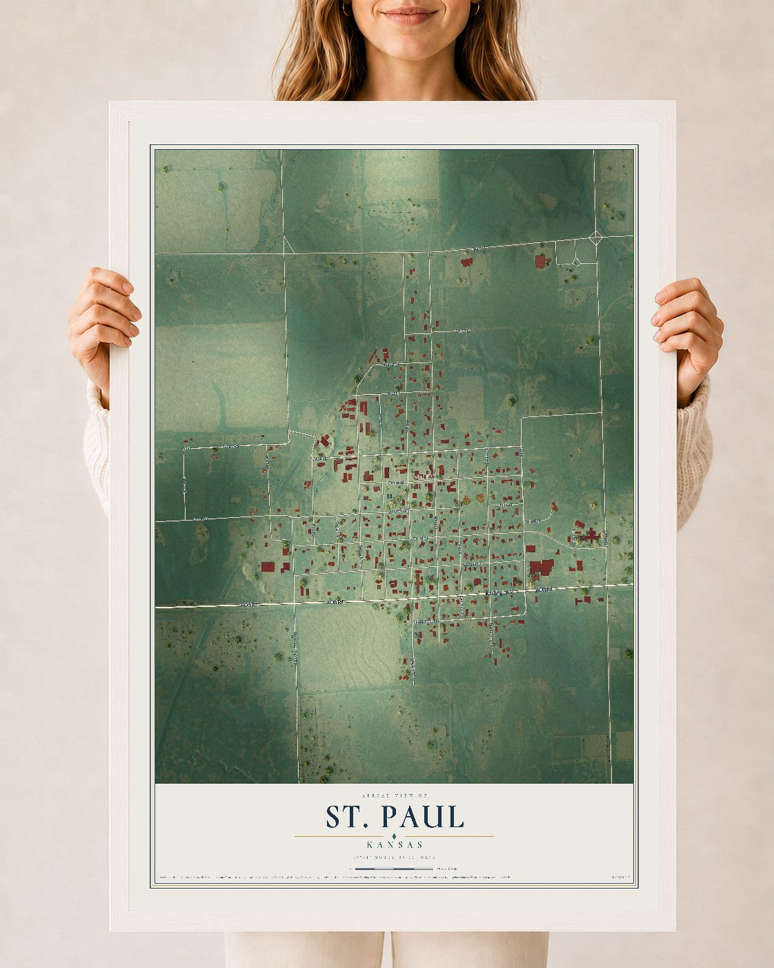 Map of St. Paul, Kansas, 24 x 36 inch print in a white wood frame