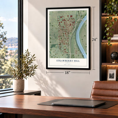 Strawberry Hill, Kansas map, 18 x 24 inch print in a black frame in a home office