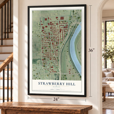 Strawberry Hill, Kansas map, 24 x 36 inch print in a black frame by a staircase