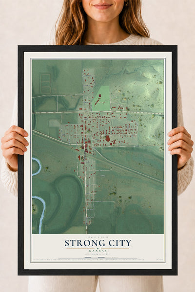 Map of Strong City, Kansas, 18 x 24 inch print in a black wood frame