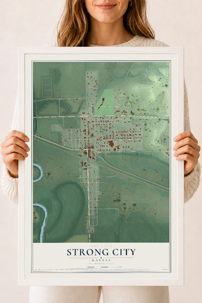 Map of Strong City, Kansas, 18 x 24 inch print in a white wood frame