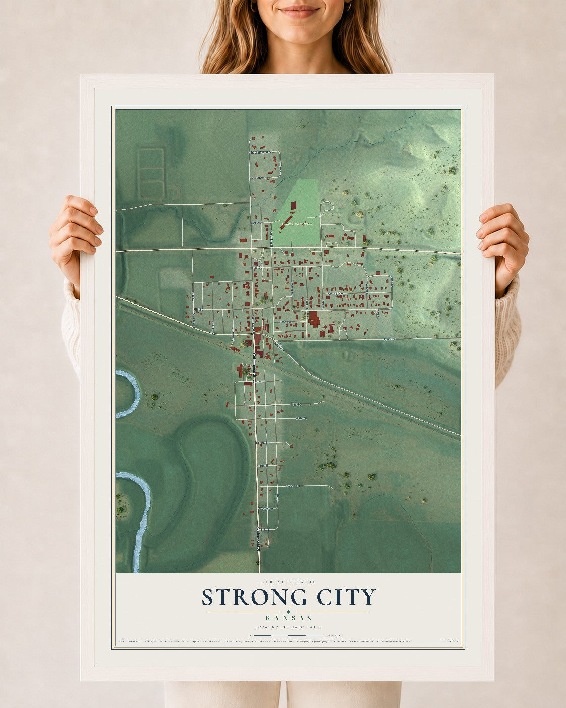 Map of Strong City, Kansas, 24 x 36 inch print in a white wood frame
