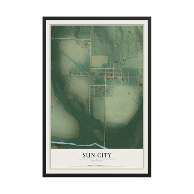 Map of Sun City, Kansas, 12 x 18 inch print in a black wood frame