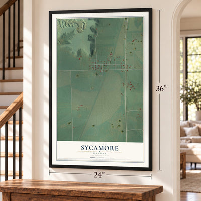 Sycamore, Kansas map, 24 x 36 inch print in a black frame by a staircase