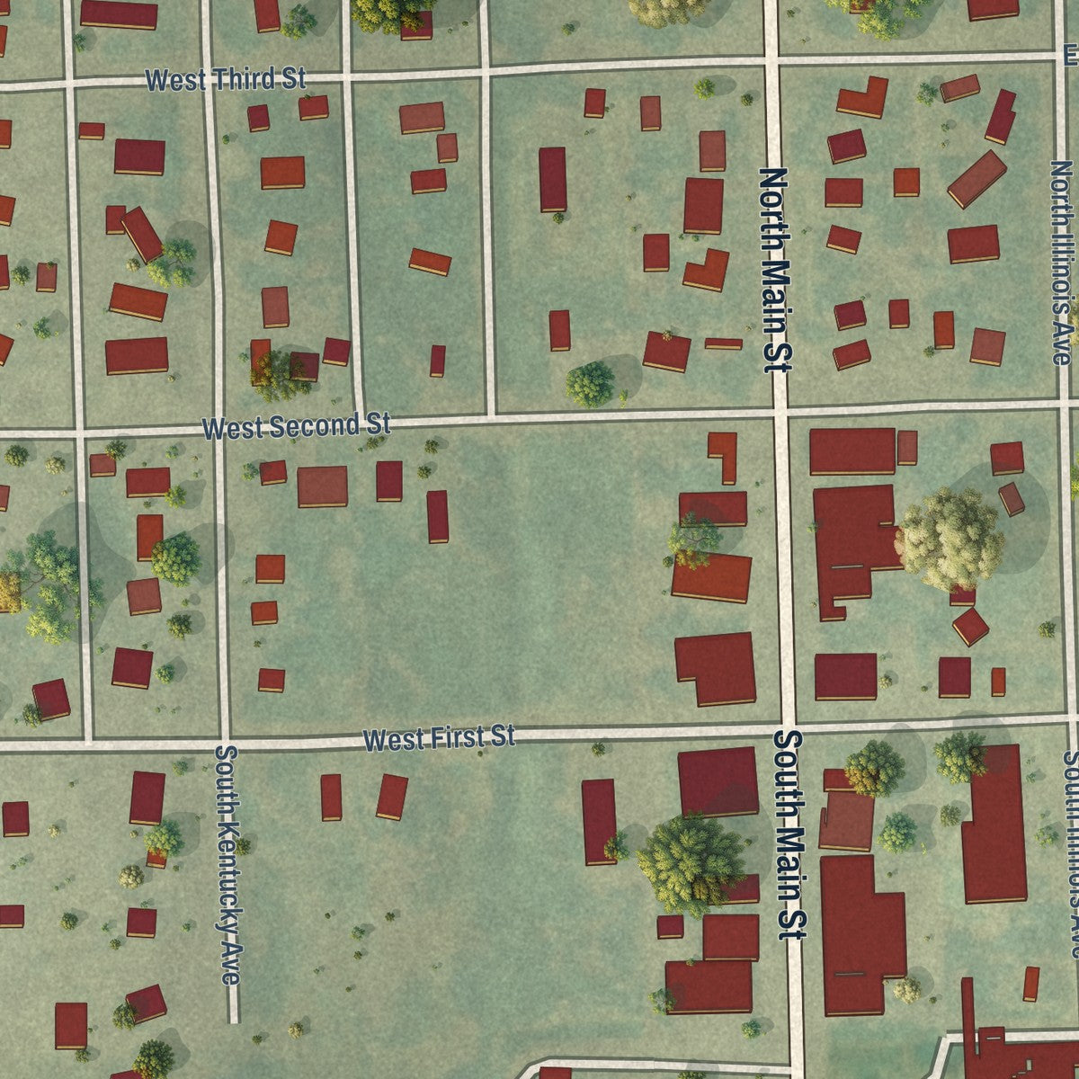 Close-up of the map of Sylvan Grove, Kansas print showing street and building detail