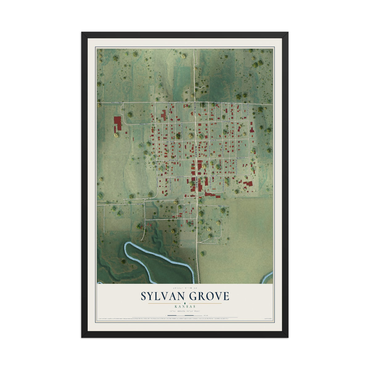 Map of Sylvan Grove, Kansas, 12 x 18 inch print in a black wood frame