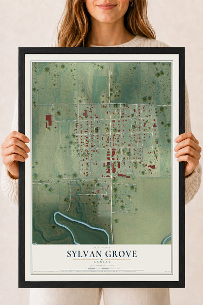 Map of Sylvan Grove, Kansas, 18 x 24 inch print in a black wood frame