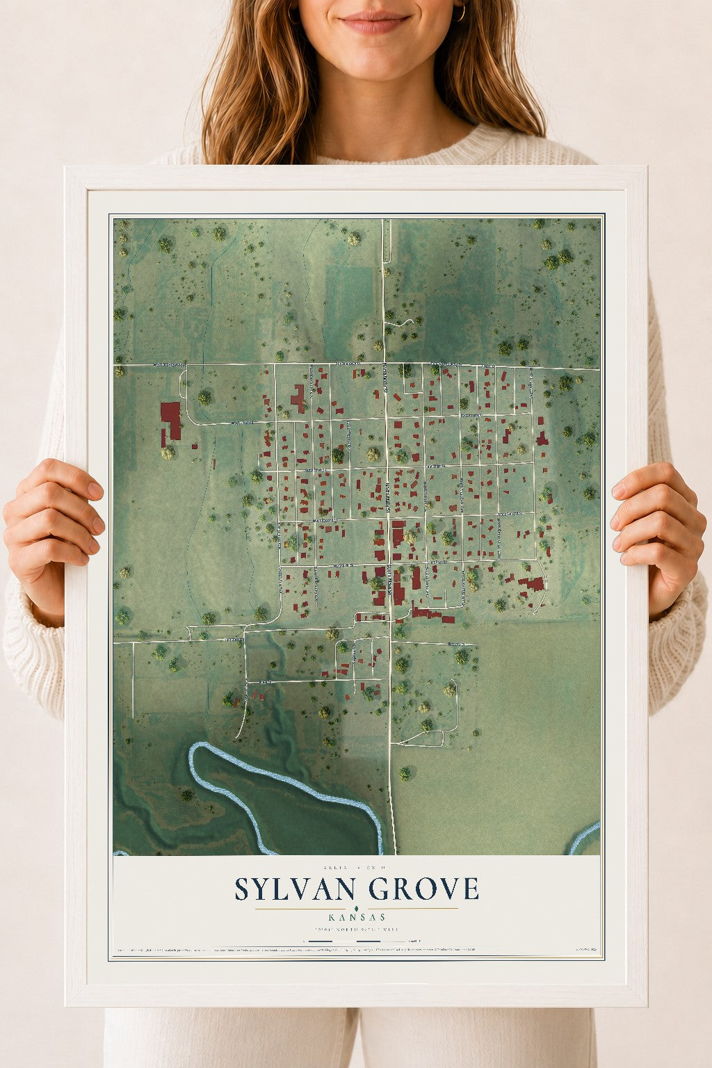 Map of Sylvan Grove, Kansas, 18 x 24 inch print in a white wood frame