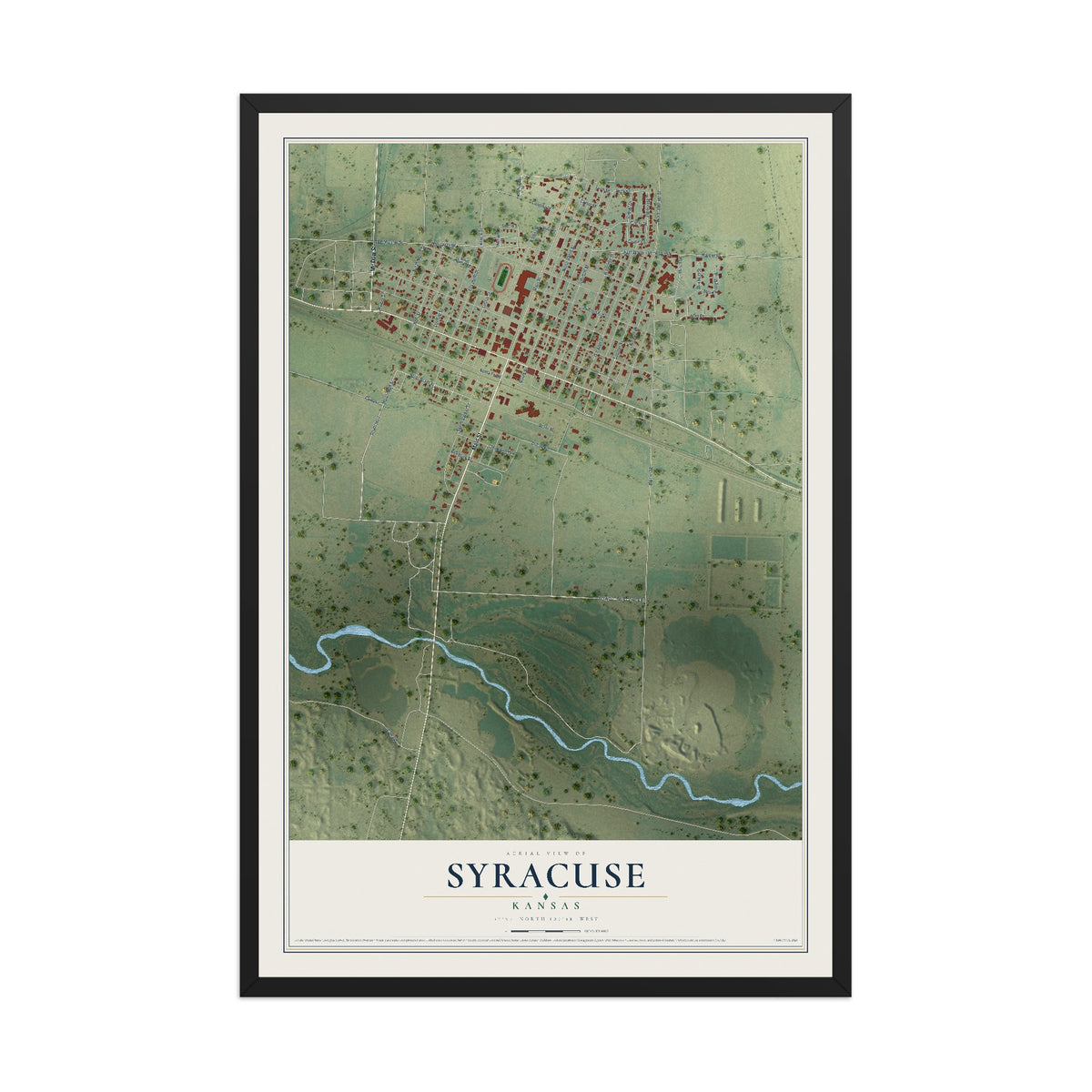 Map of Syracuse, Kansas, 12 x 18 inch print in a black wood frame