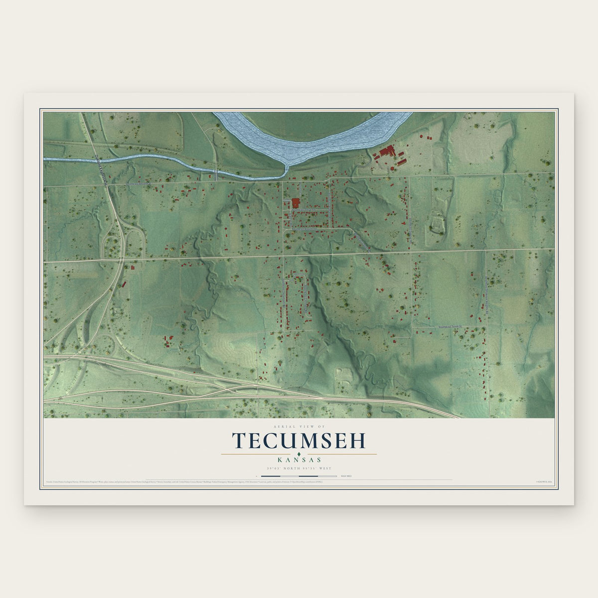 Tecumseh, Kansas map print, the full design