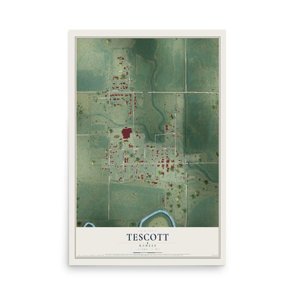 Map of Tescott, Kansas, 12 x 18 inch unframed archival matte print