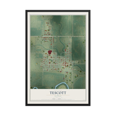 Map of Tescott, Kansas, 12 x 18 inch print in a black wood frame