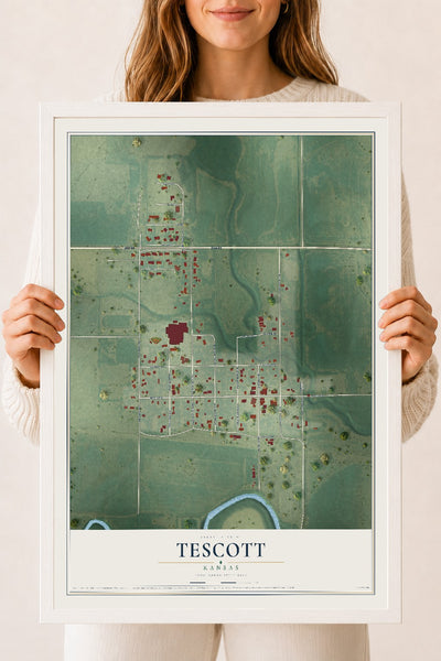 Map of Tescott, Kansas, 18 x 24 inch print in a white wood frame