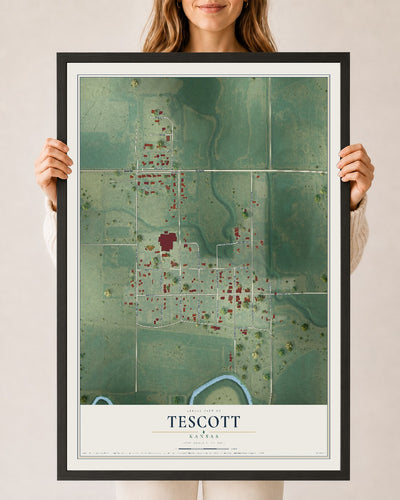 Map of Tescott, Kansas, 24 x 36 inch print in a black wood frame