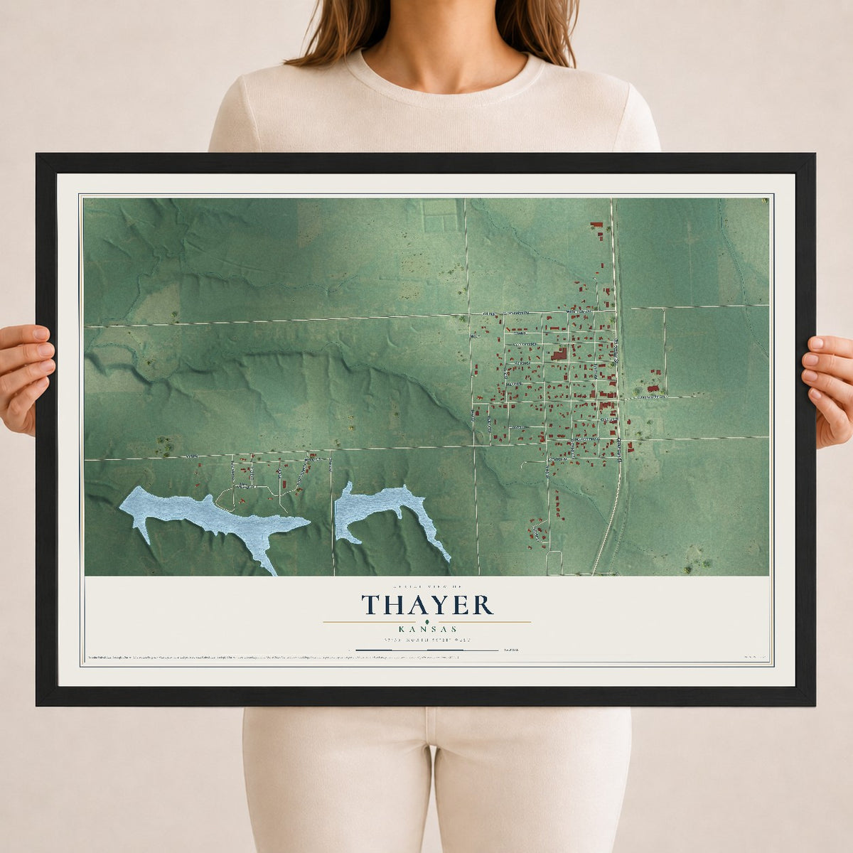 Map of Thayer, Kansas, 18 x 24 inch print in a black wood frame