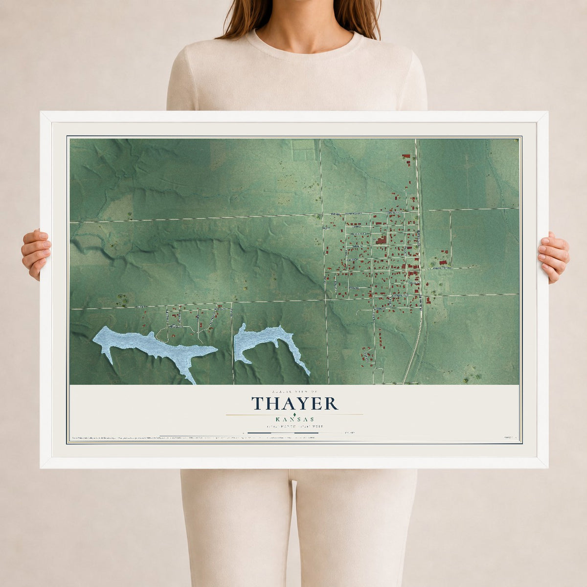 Map of Thayer, Kansas, 24 x 36 inch print in a white wood frame