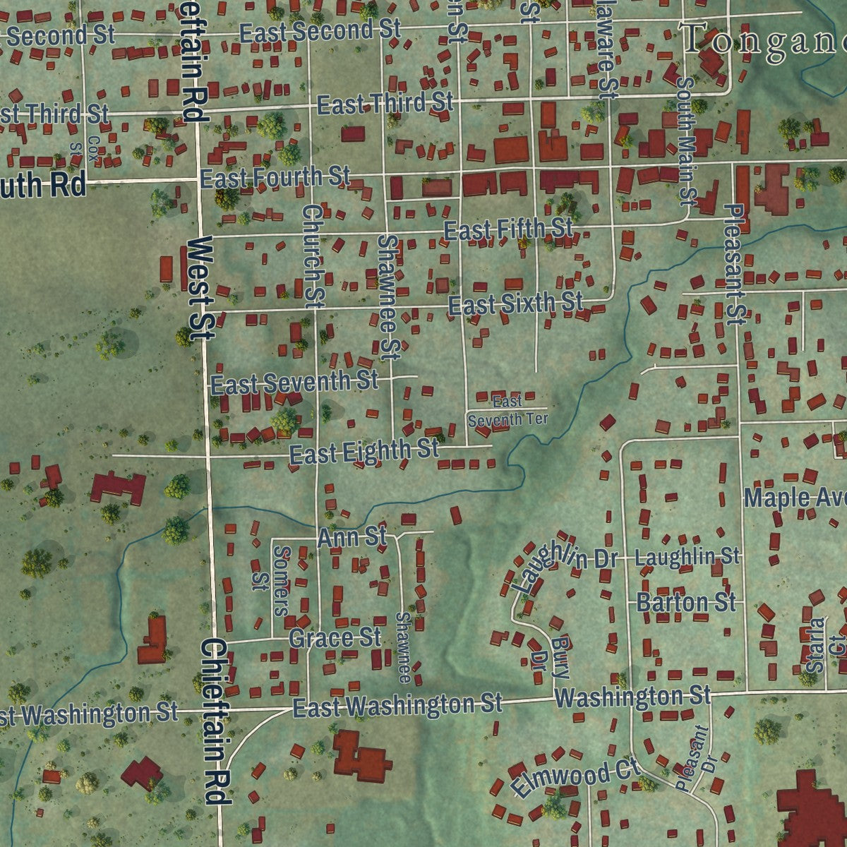 Close-up of the map of Tonganoxie, Kansas print showing street and building detail