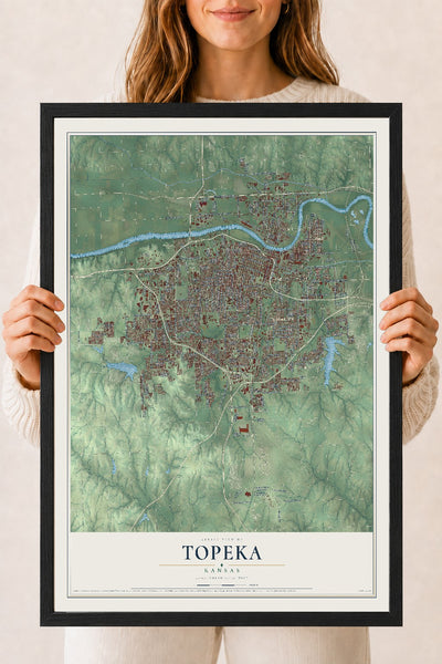 Map of Topeka, Kansas, 18 x 24 inch print in a black wood frame