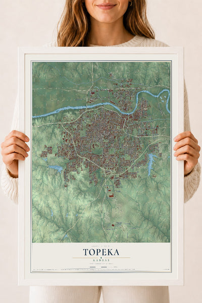Map of Topeka, Kansas, 18 x 24 inch print in a white wood frame