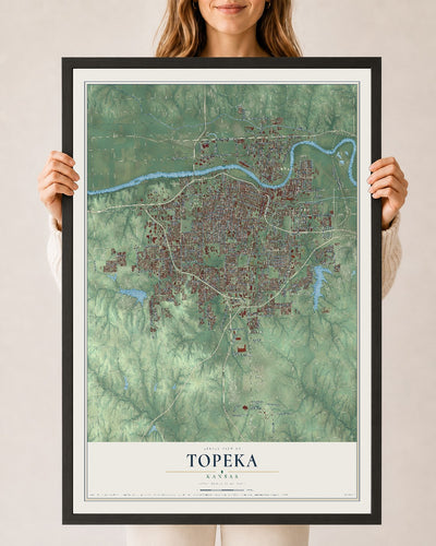 Map of Topeka, Kansas, 24 x 36 inch print in a black wood frame