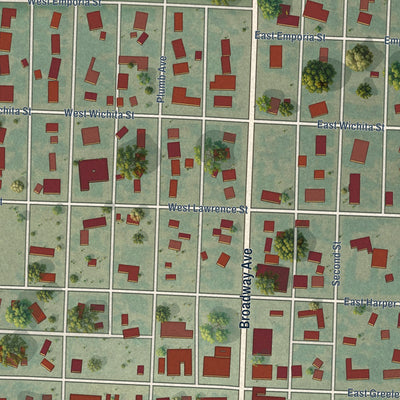 Close-up of the map of Tribune, Kansas print showing street and building detail