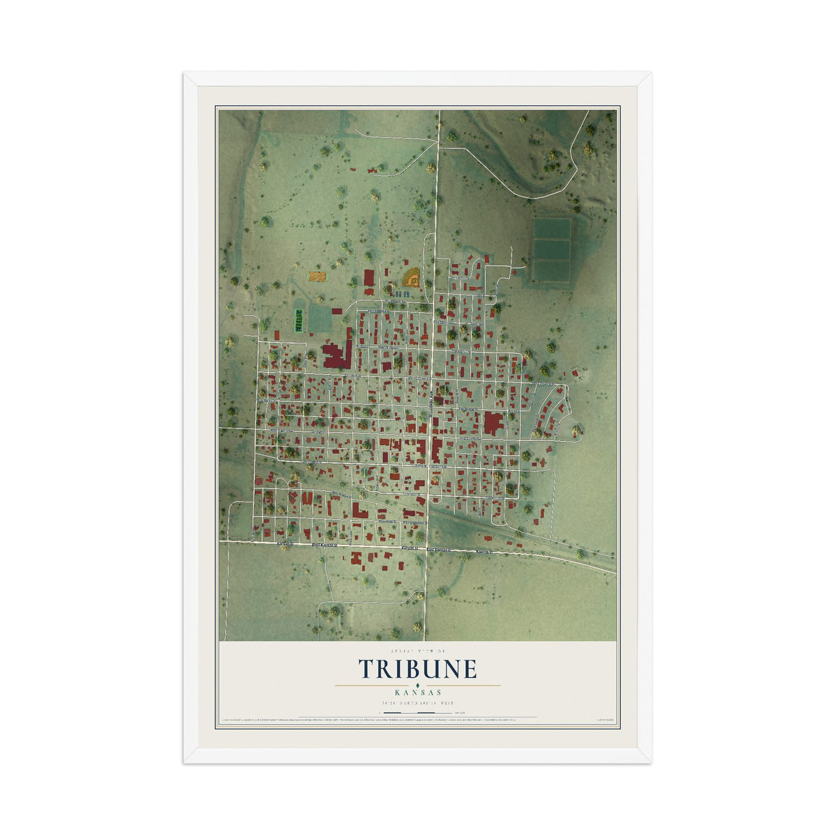 Map of Tribune, Kansas, 12 x 18 inch print in a white wood frame