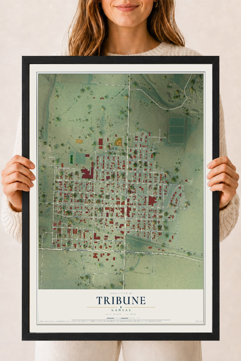 Map of Tribune, Kansas, 18 x 24 inch print in a black wood frame