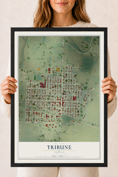 Map of Tribune, Kansas, 18 x 24 inch print in a black wood frame