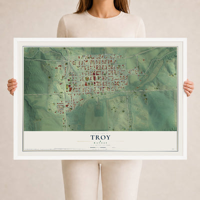 Map of Troy, Kansas, 24 x 36 inch print in a white wood frame