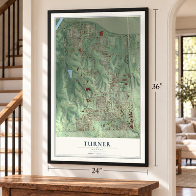 Turner, Kansas map, 24 x 36 inch print in a black frame by a staircase