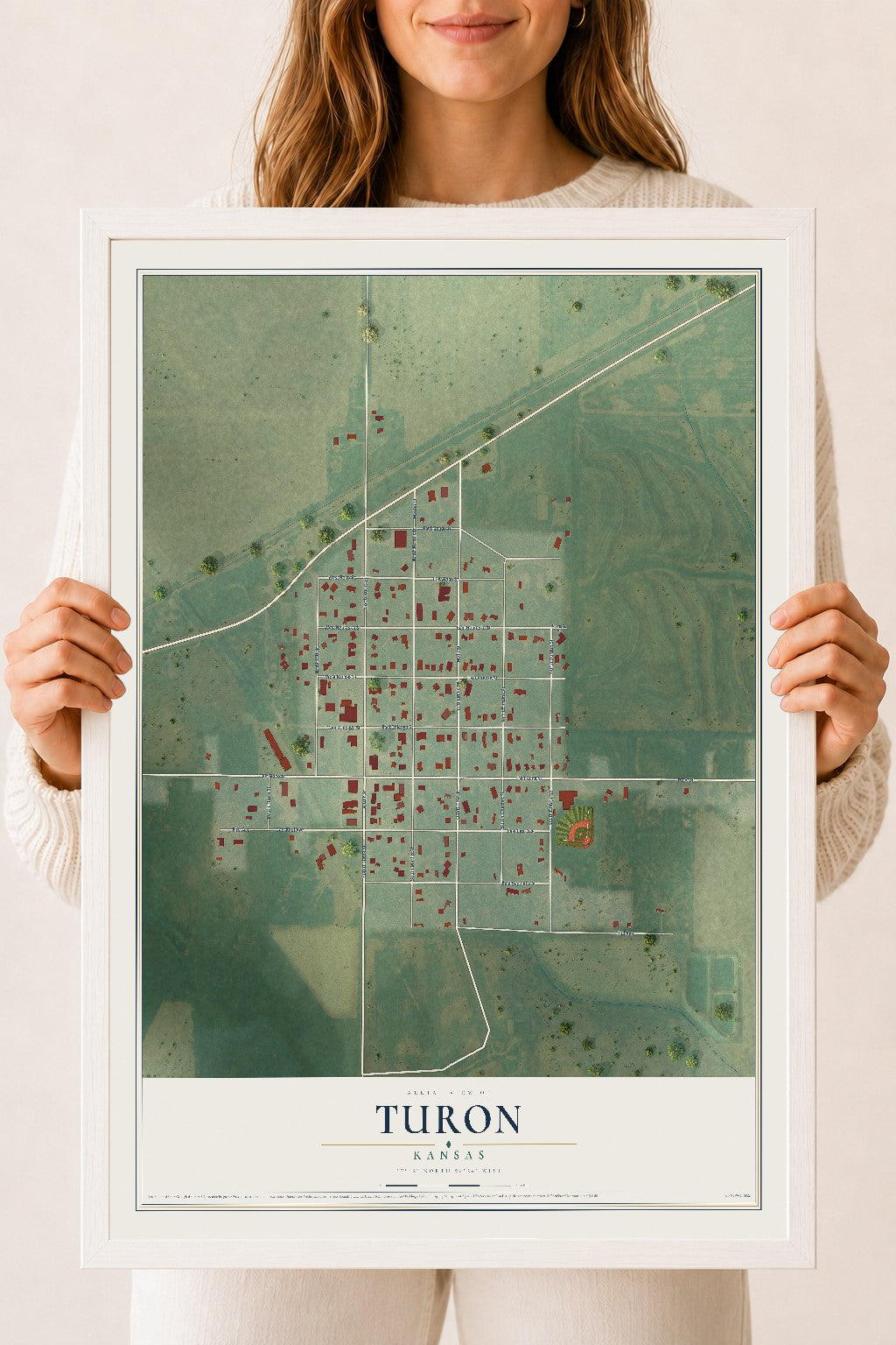 Map of Turon, Kansas, 18 x 24 inch print in a white wood frame