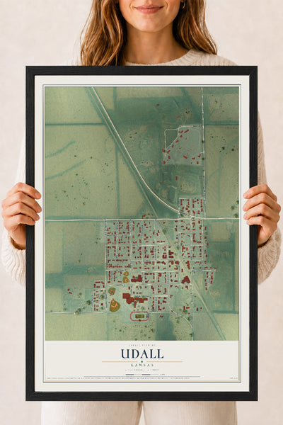 Map of Udall, Kansas, 18 x 24 inch print in a black wood frame