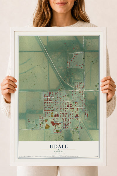Map of Udall, Kansas, 18 x 24 inch print in a white wood frame